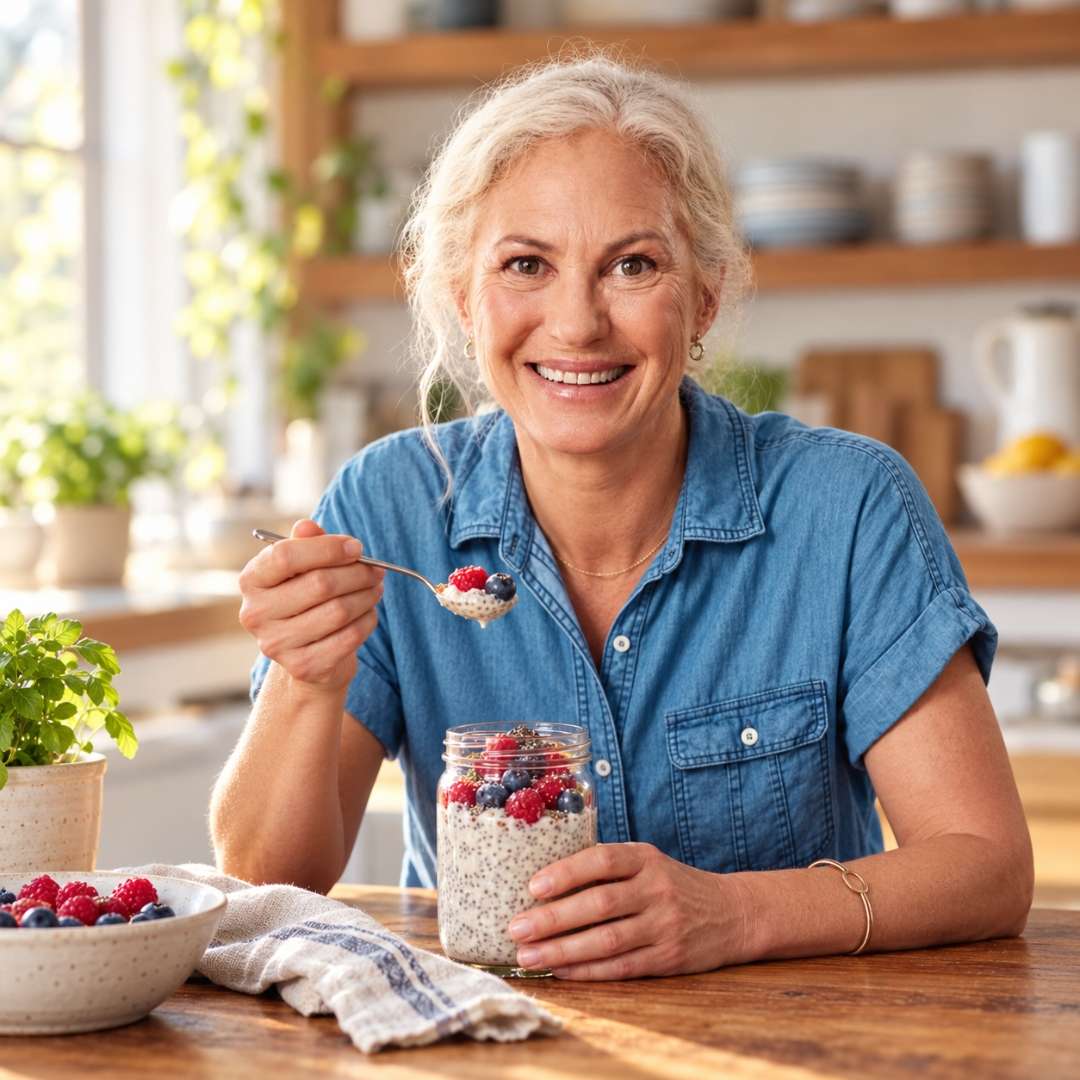 Woman enjoying chia pudding