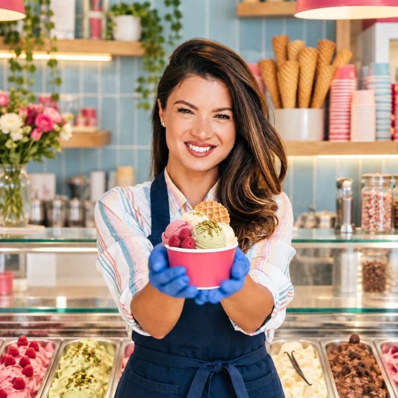 Ice cream shop owner serving ice cream